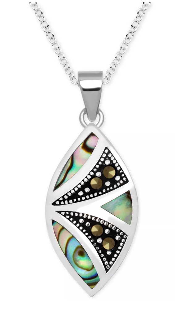 Beautiful Swarovski Marcasite Abalone Shell 18” Necklace Fine Silver Plated Gift Box