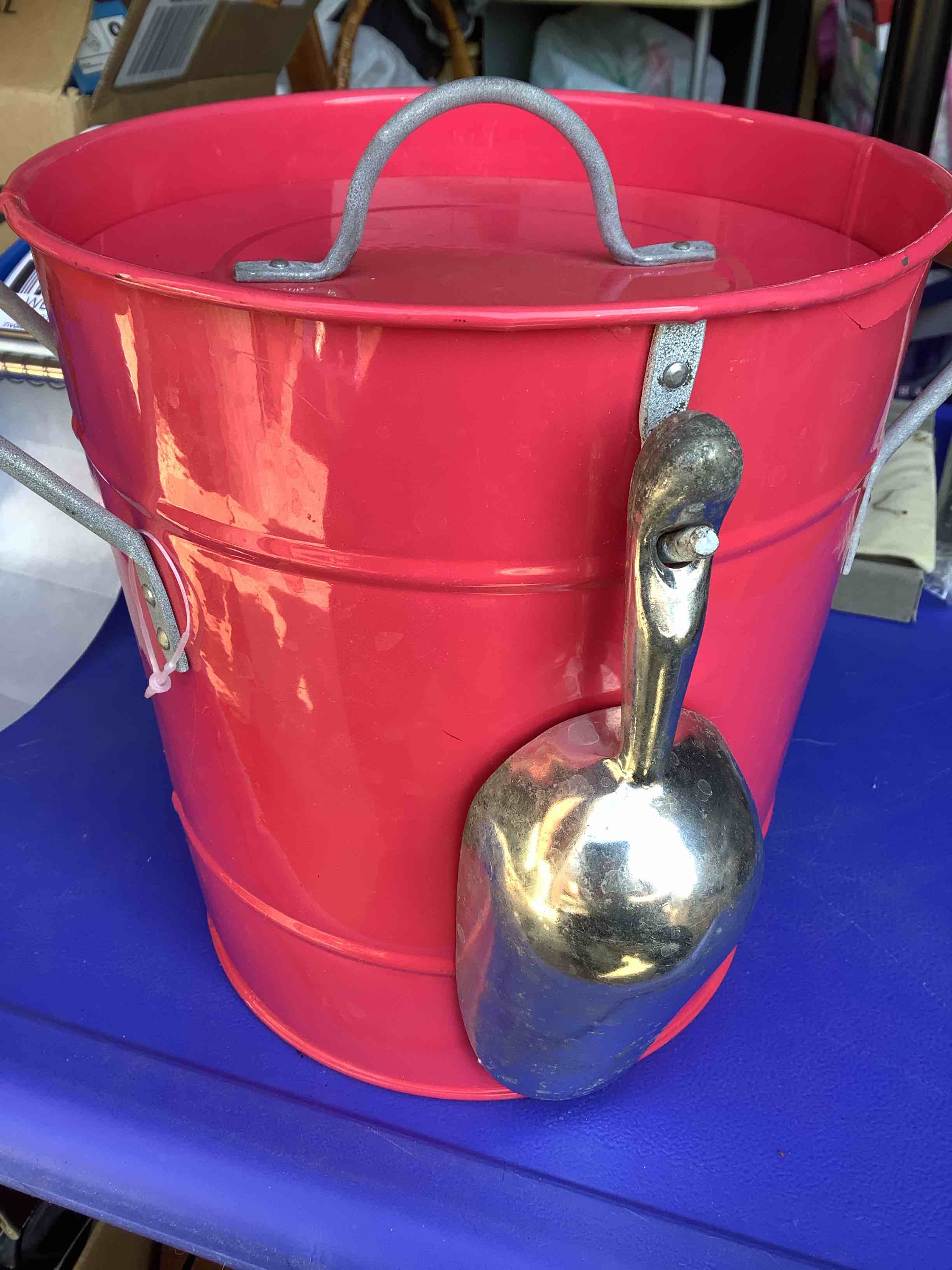 Hot Pink Ice Bucket Metal With Scoop and Lid (Dent on Top Edge)