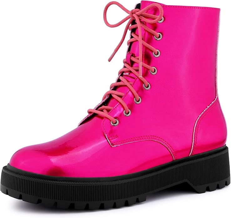 Women's Round Toe Platform Lace Up Colorful Combat Ankle Boots Bright Pink Size 9 (Similar)