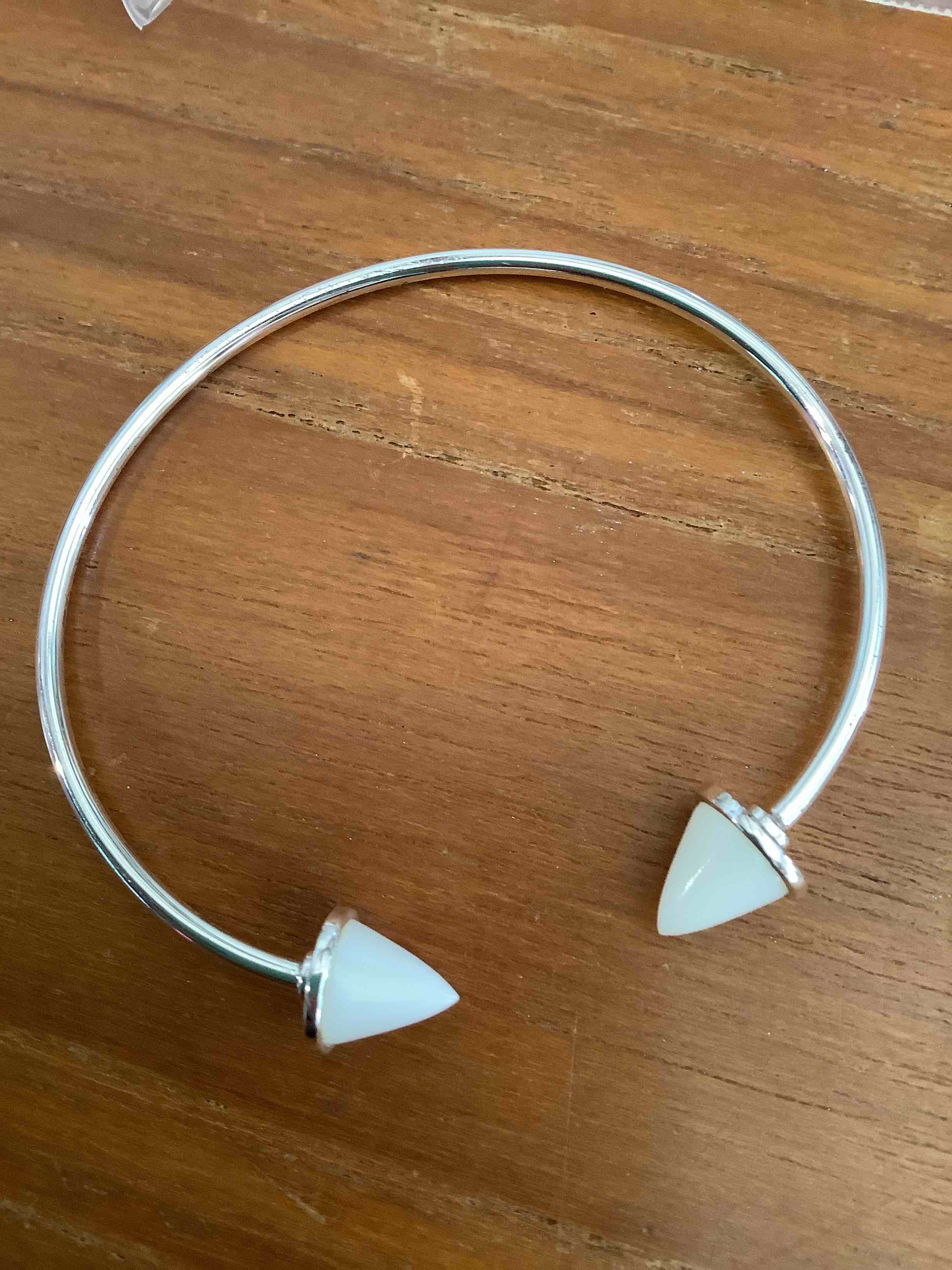 White Stone Ends Cuff Silver Bracelet 