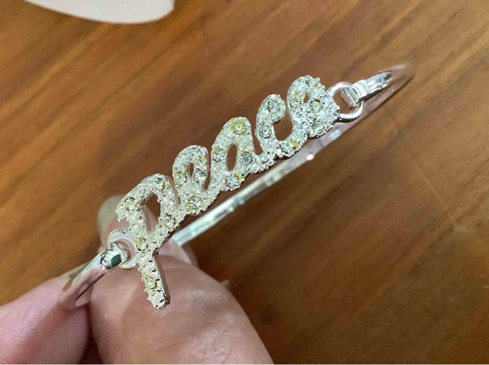 PEACE Cubic Zirconia Bangle Silver Bracelet 