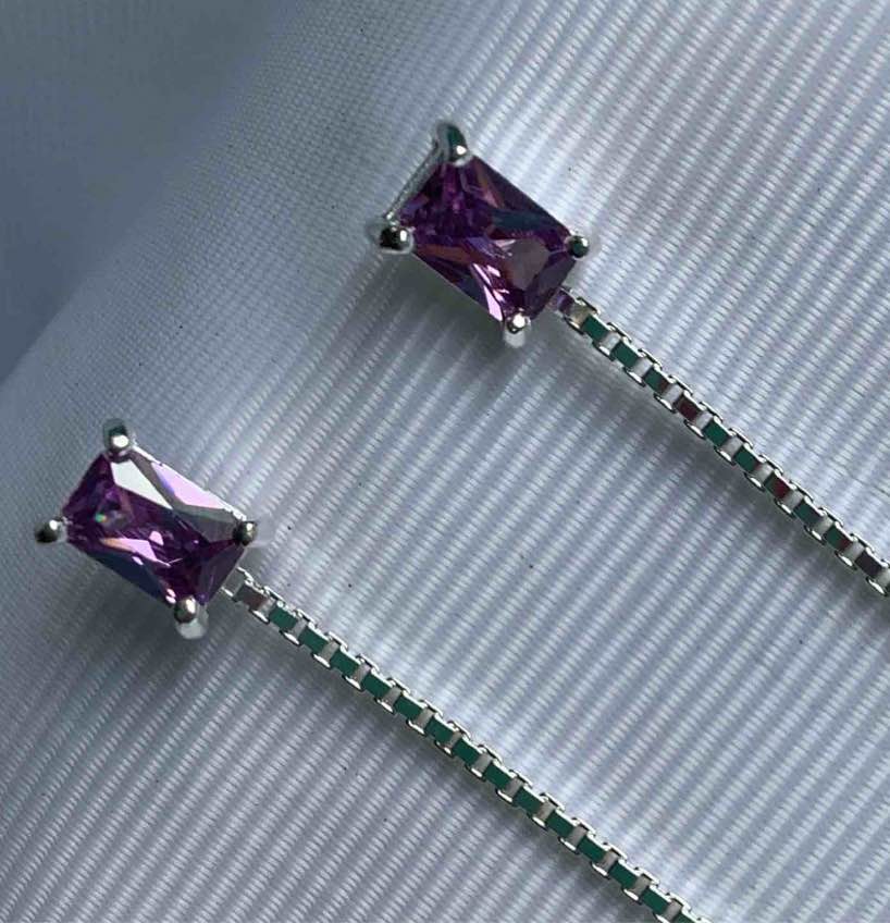 Purple Studded Light Point Drop Silver Chain Earrings Fine Silver Plated 