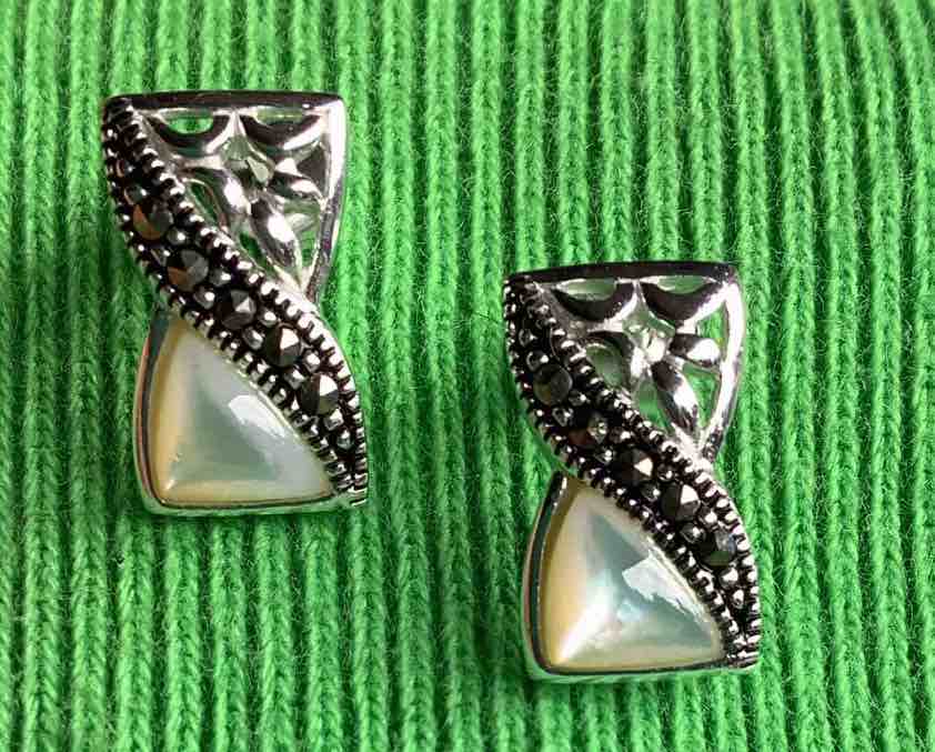 Genuine Marcasite Shell Stud Earrings Fine Silver Plated 