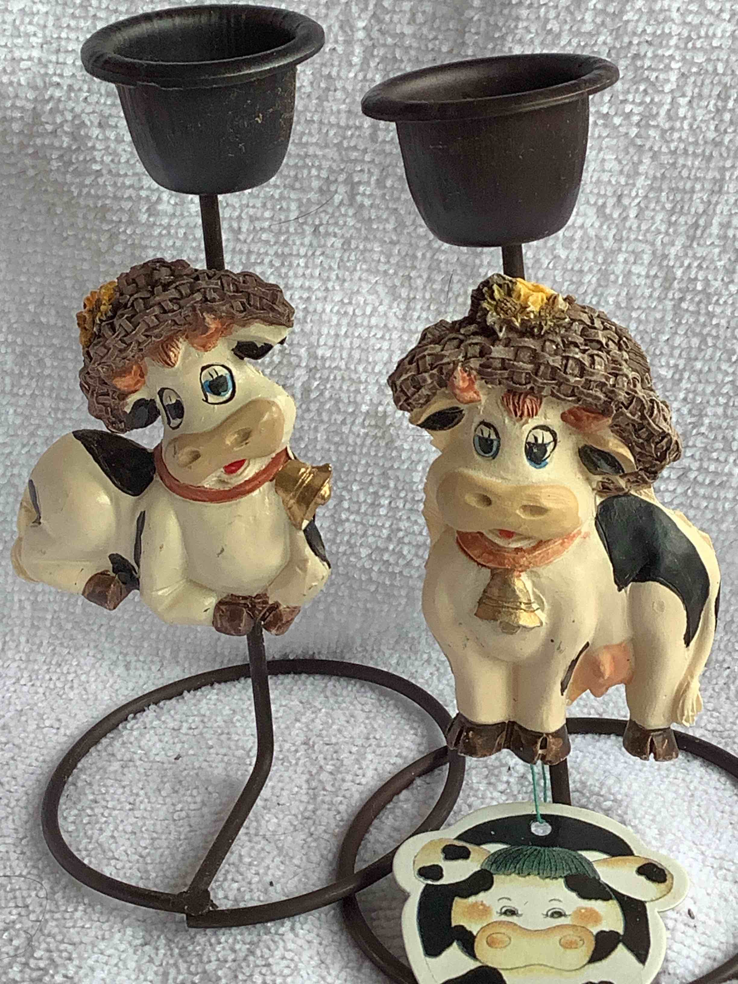 Country Cow Straw Hat Candle Metal Holders - Set of 2