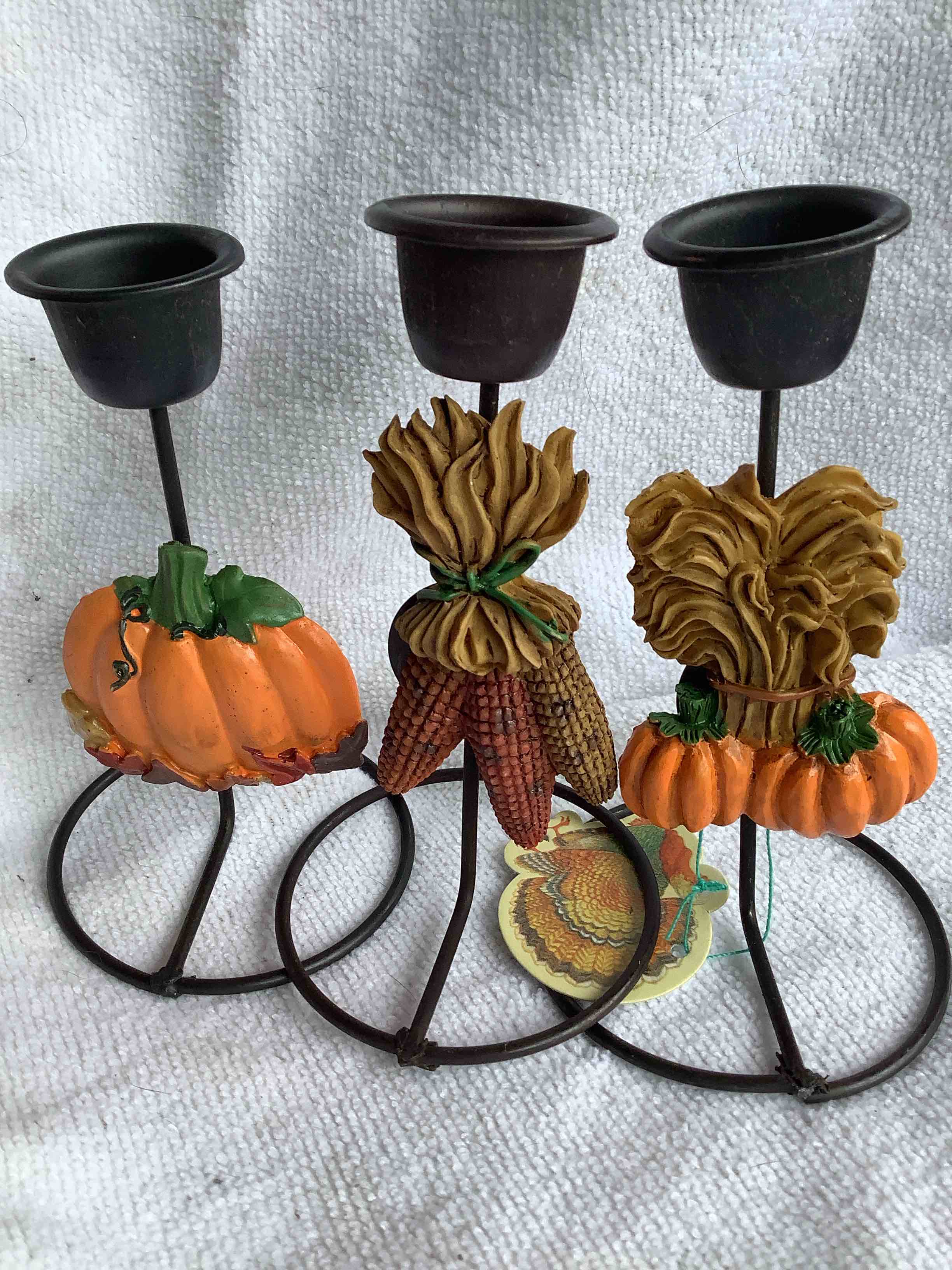 Country Farm Pumpkins and Corn Candle Metal Holders - Set of 3