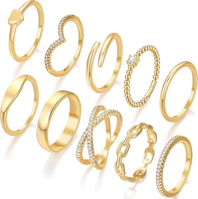 10 PCS Dainty Gold Rings for Women Teen Girls, Open Twist Simulated Diamond Criss Cross Designs, Perfect for Stacking Layering on Thumb and Knuckle in Sizes 6-10