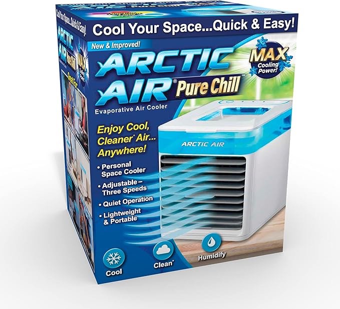 arctic air pure chill evaporative air cooler by ontel - built-in nightlight 7 colors - powerful 3-speed personal space cooler, quiet, lightweight and portable for bedroom, office, living room & more