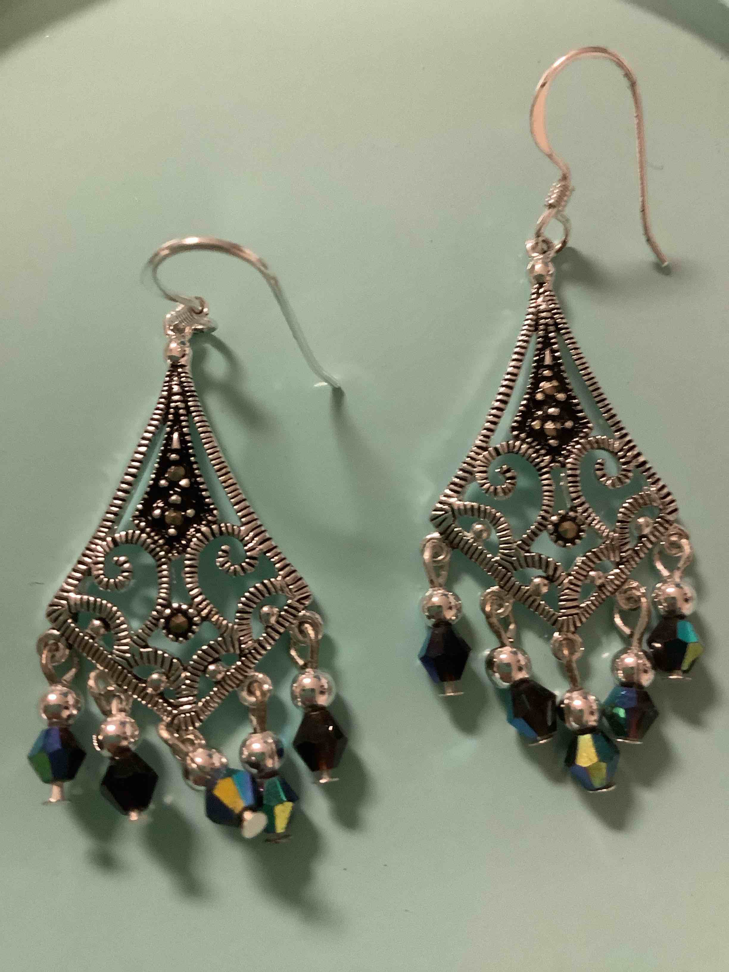 Beautiful Genuine Marcasite Dangle Iridescent Beads Earrings