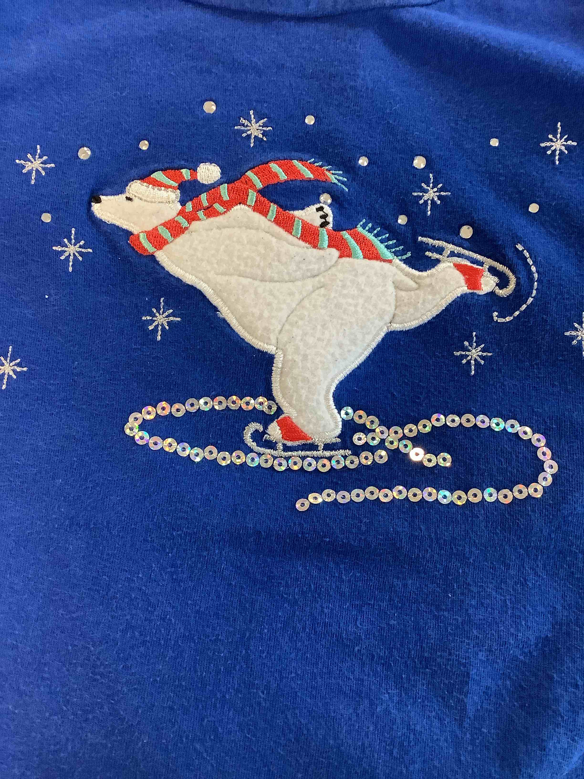 Blue Long Sleeve Ladies Large T-shirt Polar Bear Ice-skating Sequins