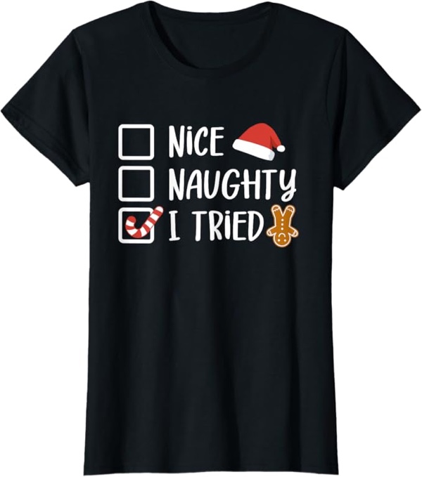 Cap Sleeve Black Women’s T-shirt checklist, Naughty Nice I tried XL (Similar Print)