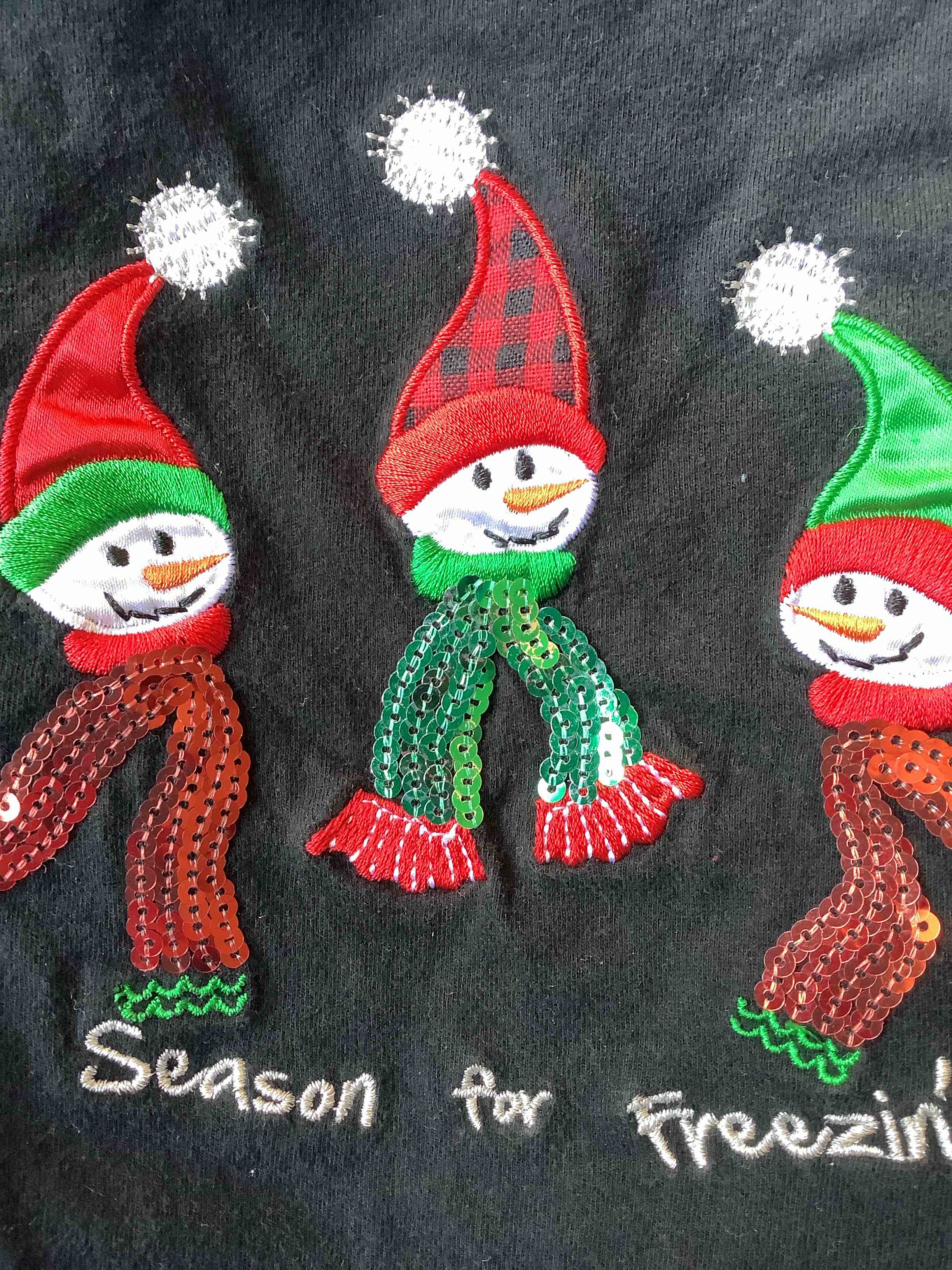 Long Sleeve Black Christmas Women’s T-shirt Large Sequins Snowman