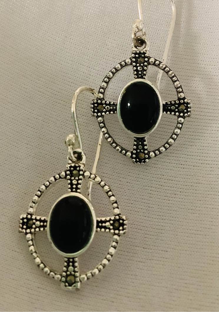 Black Onyx Genuine Marcasite Earrings Fine Silver Plated