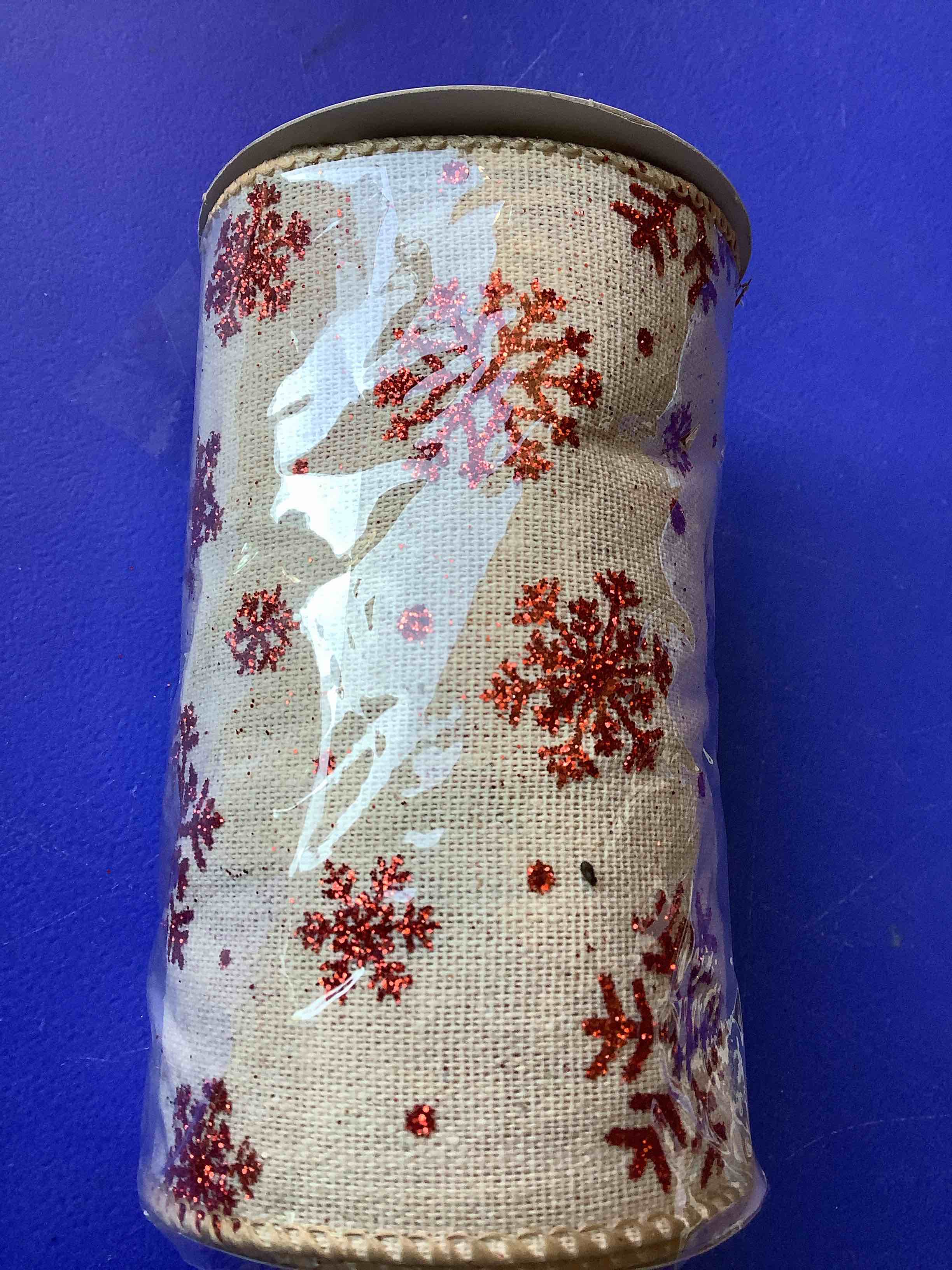 Decorative Ribbon 5” x 9’ Burlap Red Glitter Snowflakes