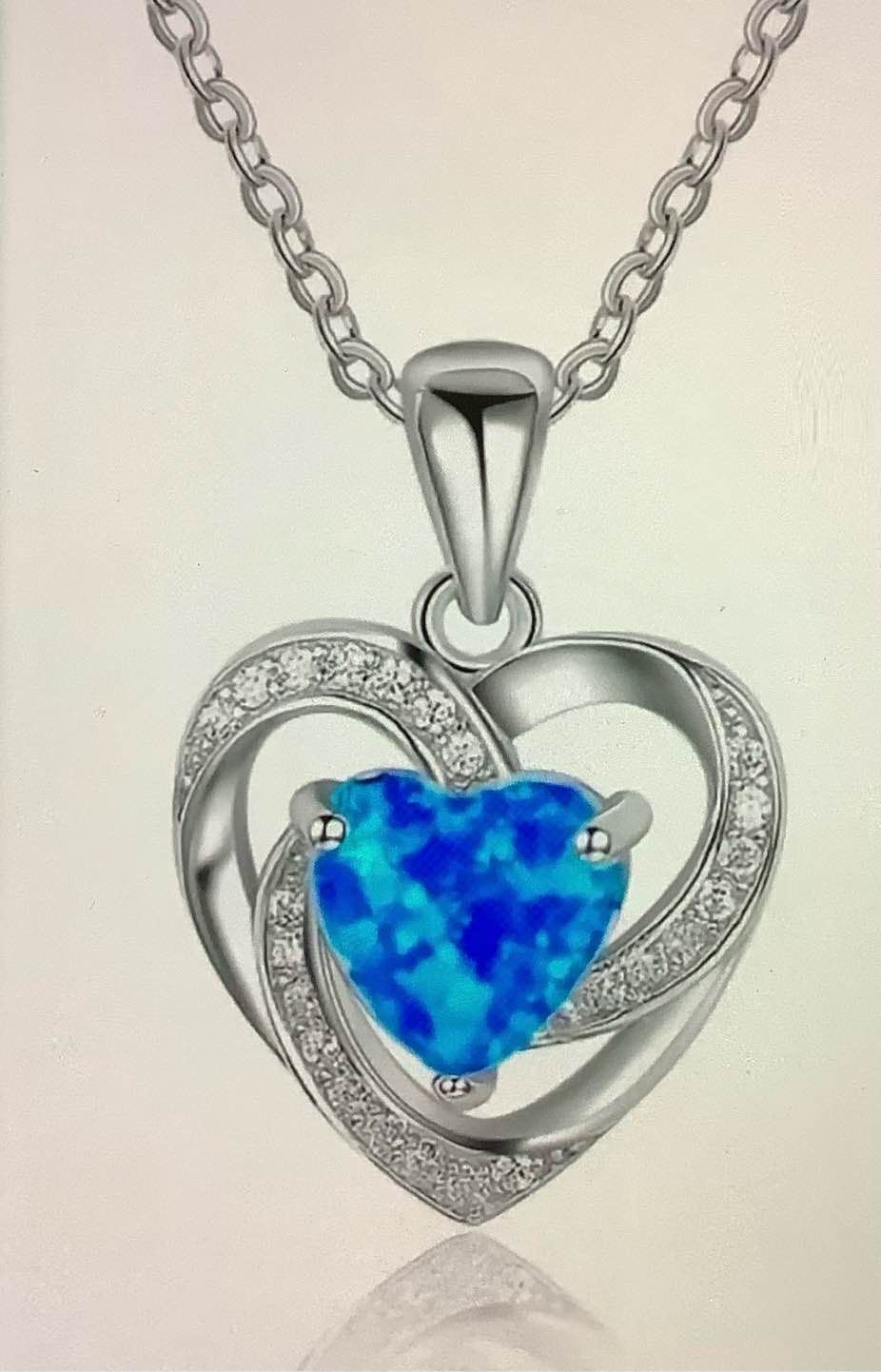 Beautiful Blue Rhinestone Zircon Heart with Clear Rhinestones Necklace 18” Silver Chain