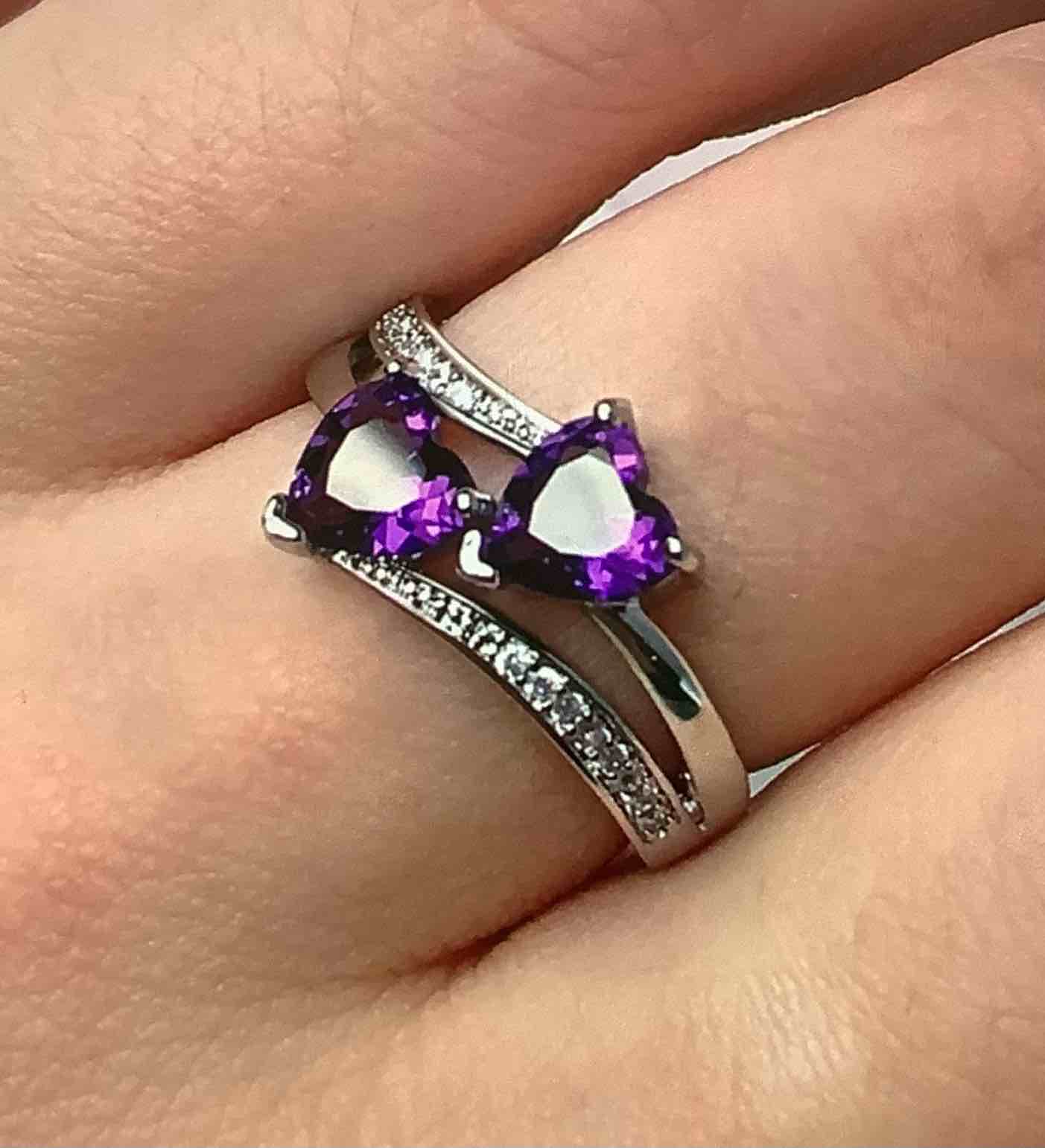 Beautiful Double Heart Shaped Purple CZ Silver Plated 8.5 Ring