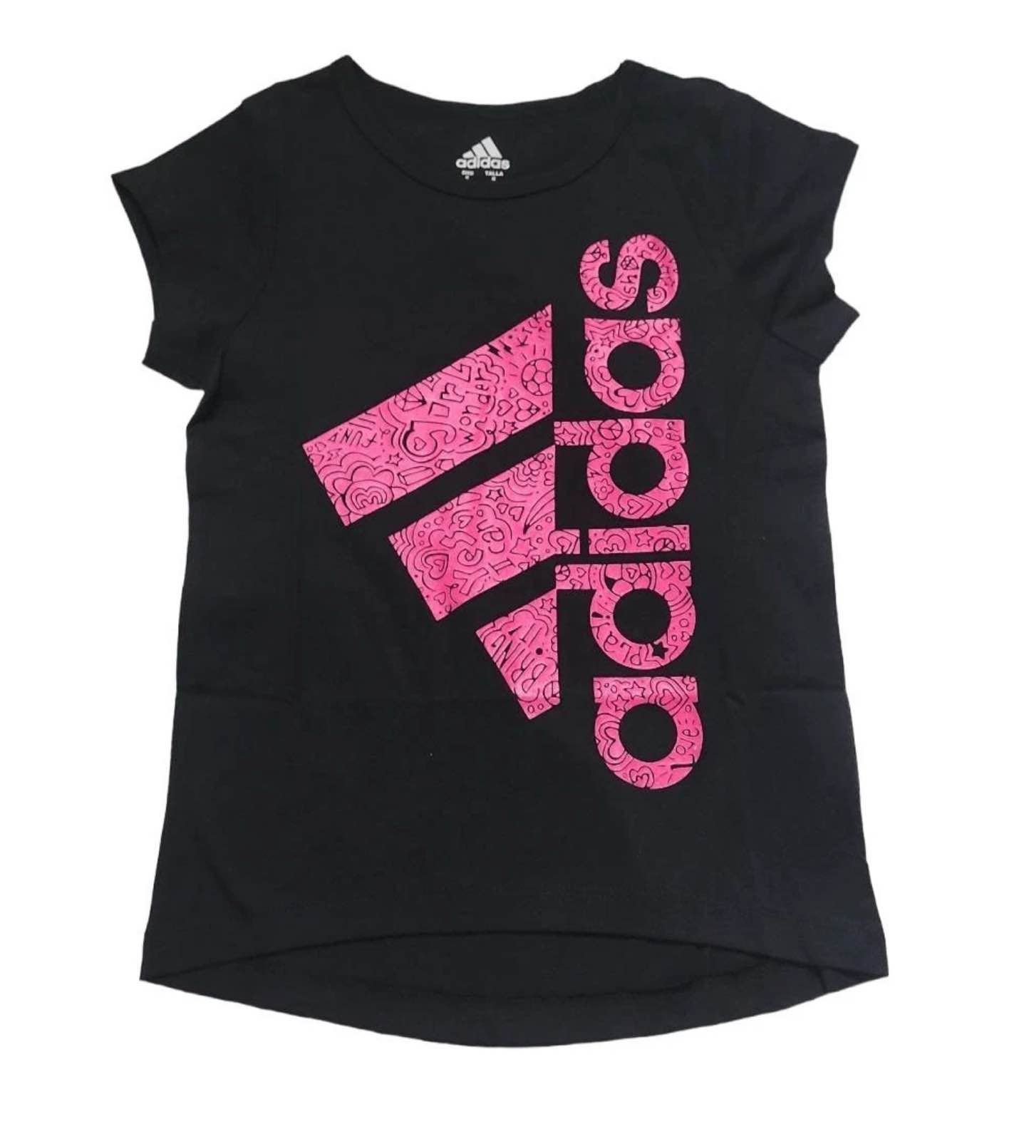 Adidas Black T-Shirt Girls Cap Sleeve (Light) Pink Glitter Logo 7/8 Small
