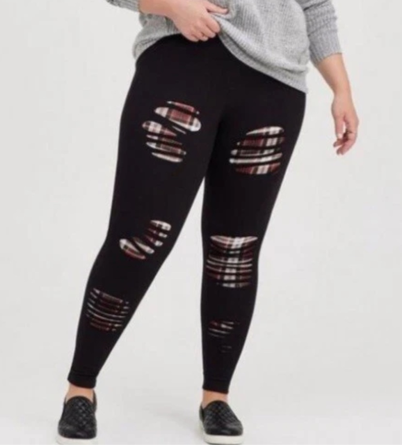 Torrid Size 1 - Destroyed Patchwork (Black) Plaid Ripped Black Women’s Leggings 