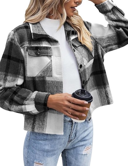 XL Woman’s Cropped Plaid Shacket Flannel Long Sleeve Button Down Jackets Coat for Women