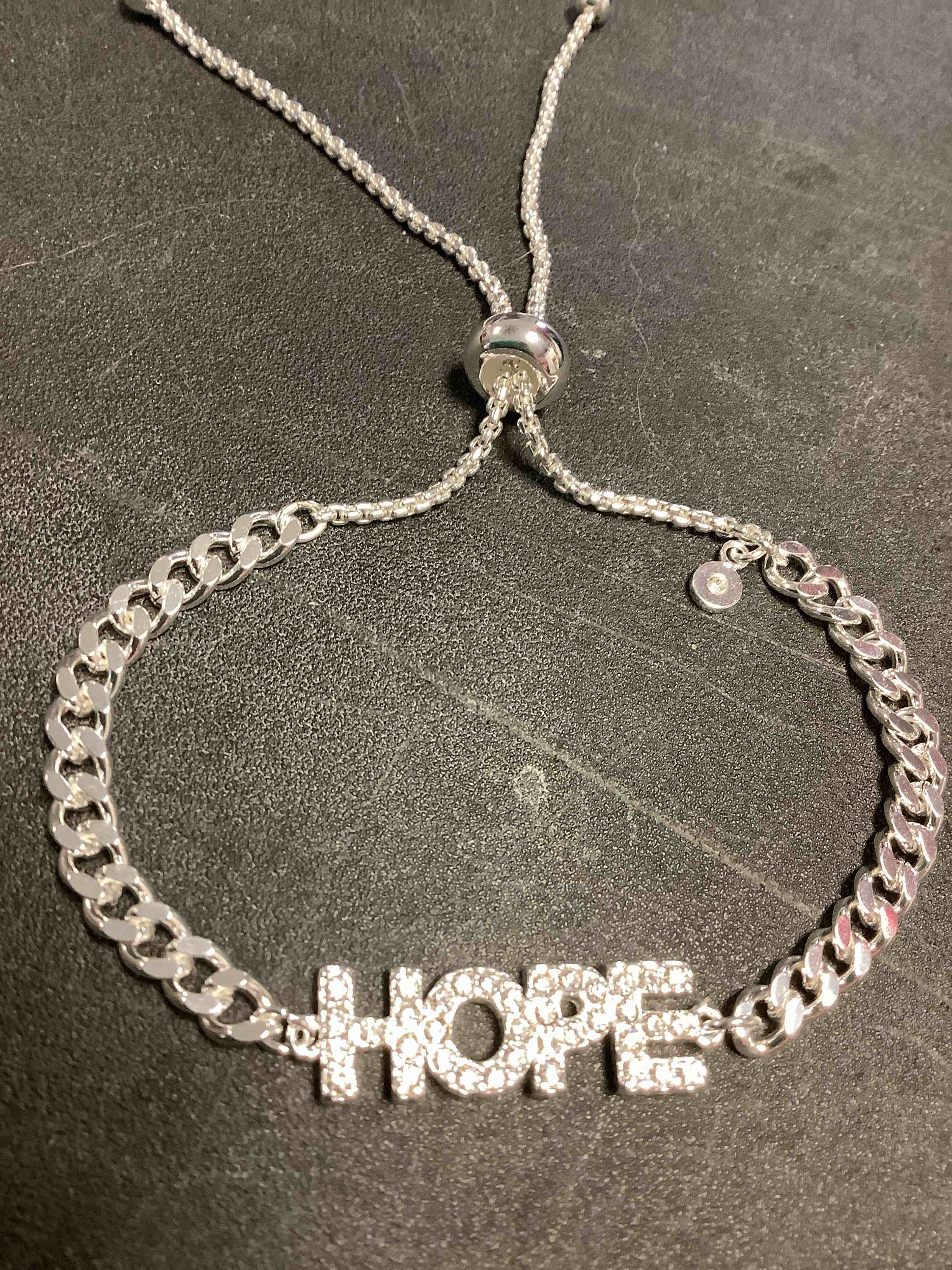 Cubic Zirconia “ HOPE “ Adjustable Fine Silver Plated Bracelet 