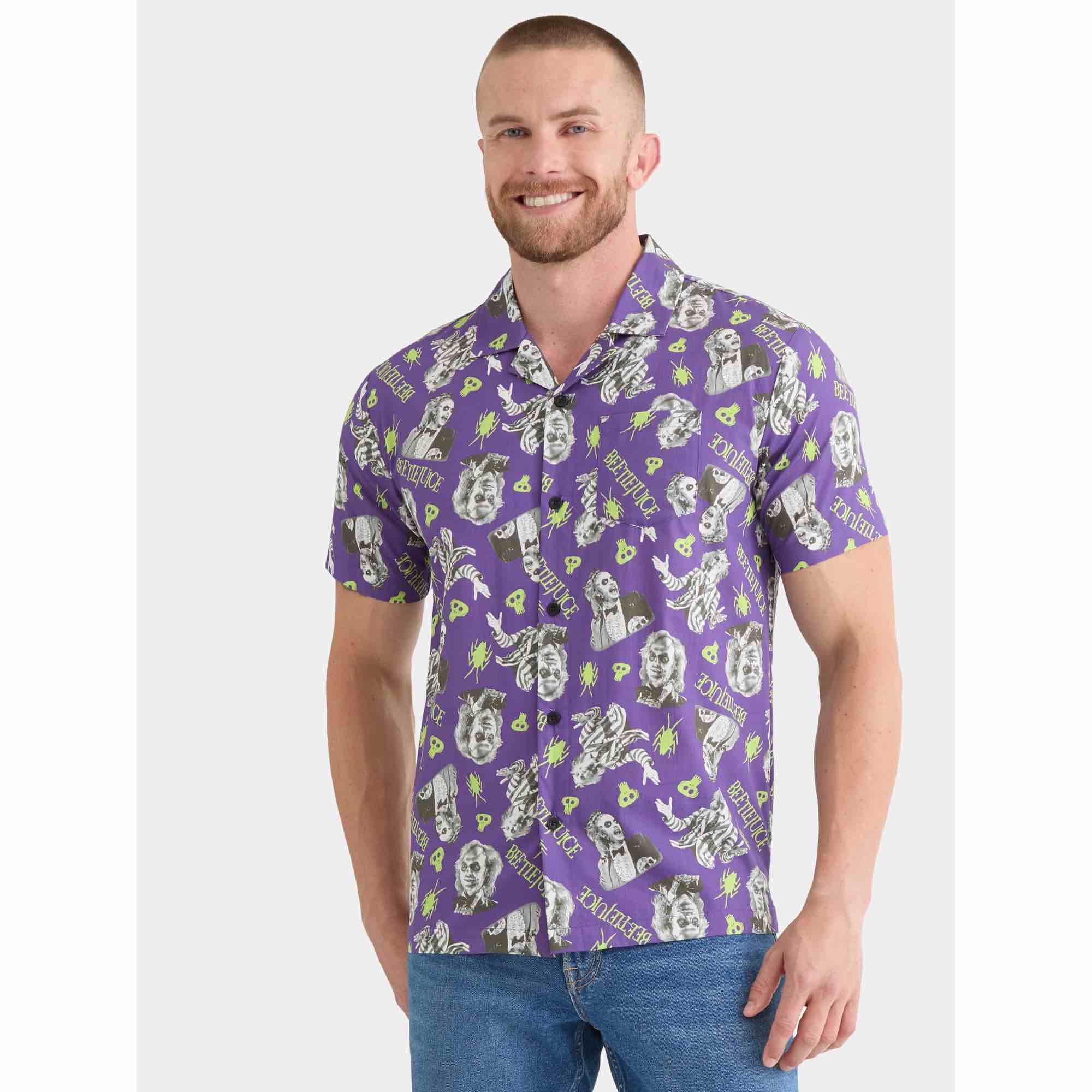 Beetlejuice Men's Purple Print Button-Up Cotton Shirt with Short Sleeves, Size Small