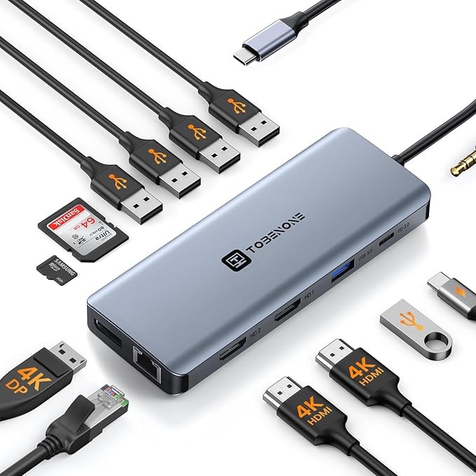 TobenONE 13 in 1 USB C Docking Station - Dual Monitor, Triple Display, 8 USB C/A Ports, Ethernet, Audio - For MacBook, Dell, HP, Lenovo, Surface