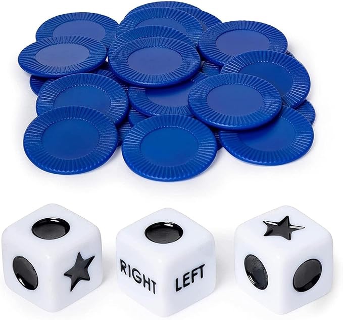 Left Right Center Dice Game Set with 3 Dices + 24 Chips. Left on The Product Means Pass 1 chip to The Left, Right on The Product Means Pass 1 chip to The Right.(Blue)