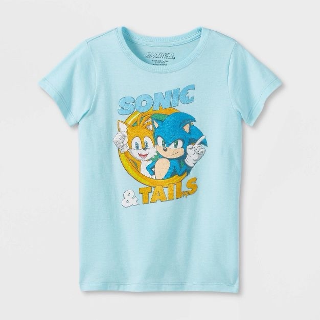 Sonic & Tails Light Aqua Blue T-shirt Girls Size XS 