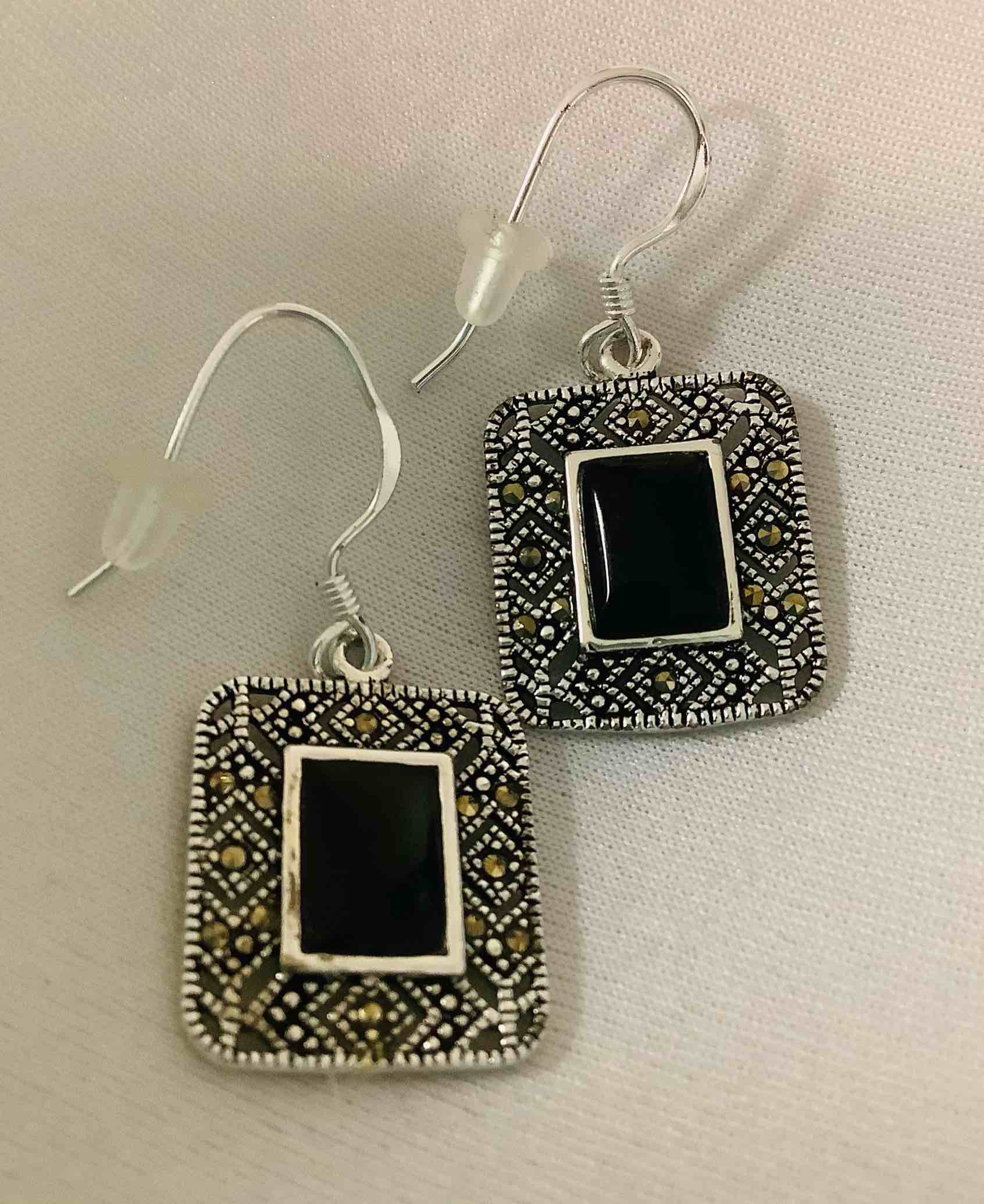 Genuine Marcasite Black Onyx Earrings Fine Silver Plated