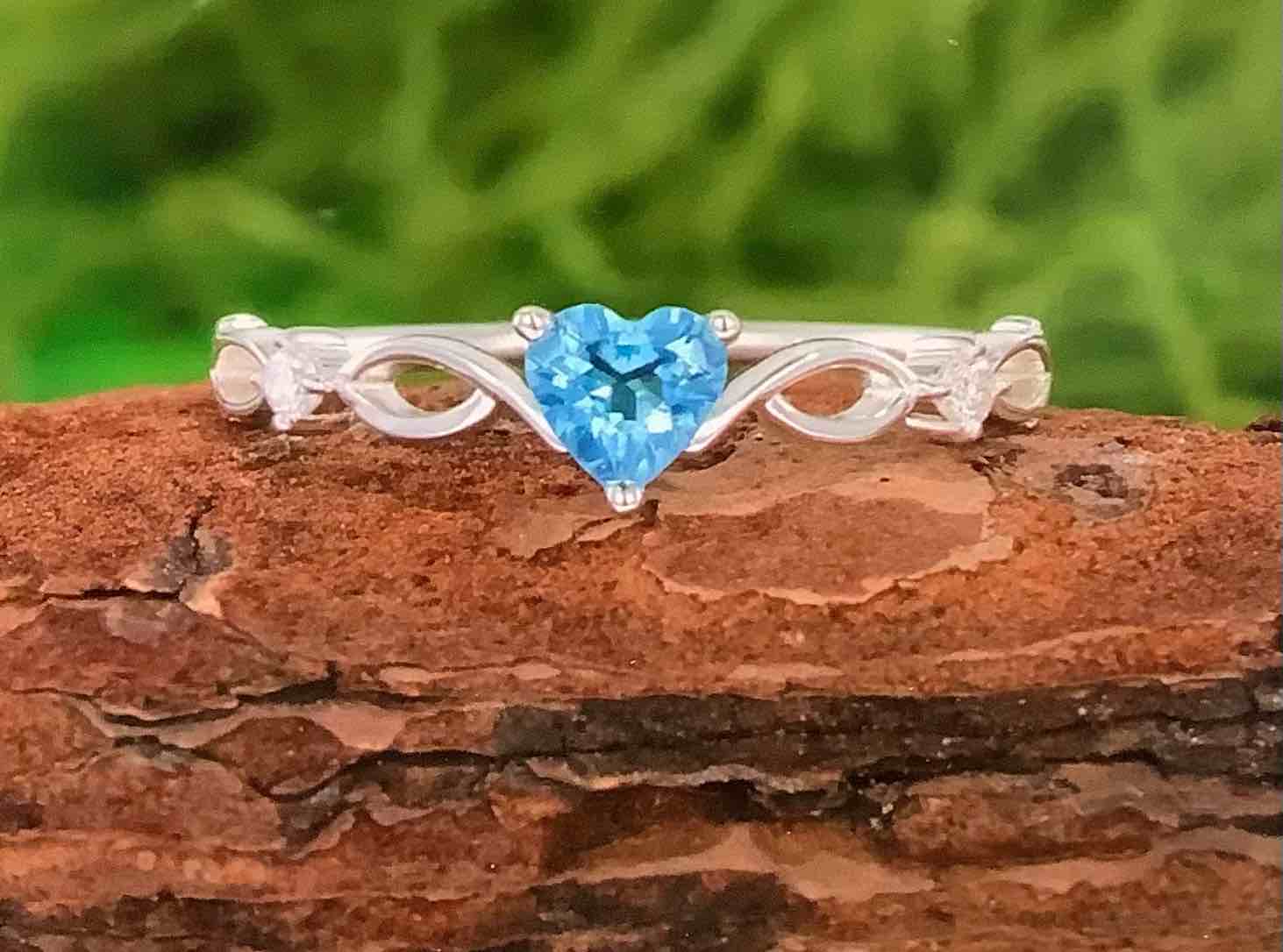 Heart Shaped Blue Topaz Infinity Chain Promise Ring (Size 8) with Cubic Zirconia Accents 