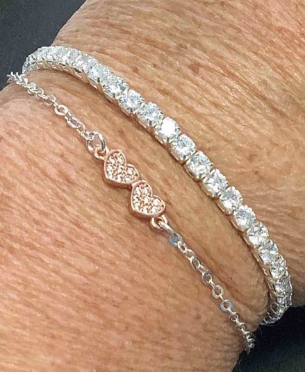 Cubic Zirconia Cuff Bracelet Double Rose Gold Heart Chain Bracelet 