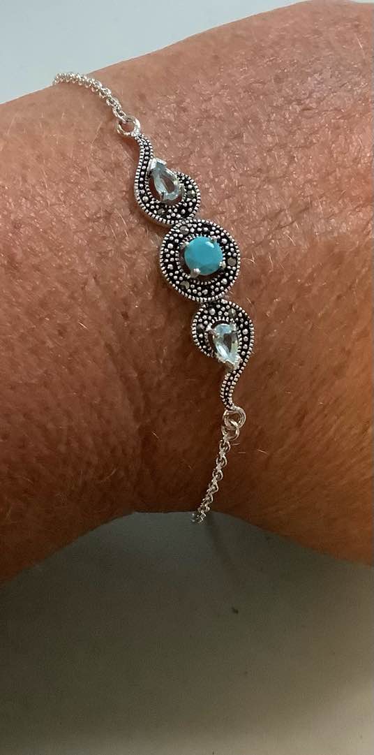 Genuine Marcasite Blue Stone Adjustable Bracelet Fine Silver Plated 