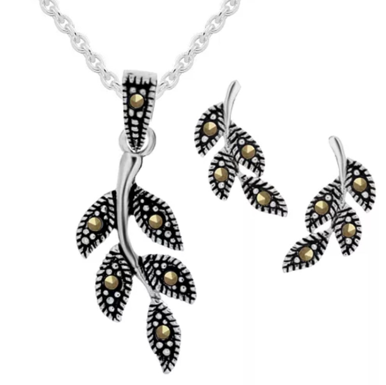 Genuine Marcasite Leaf Necklace Matching Earrings Fine Silver Plated 