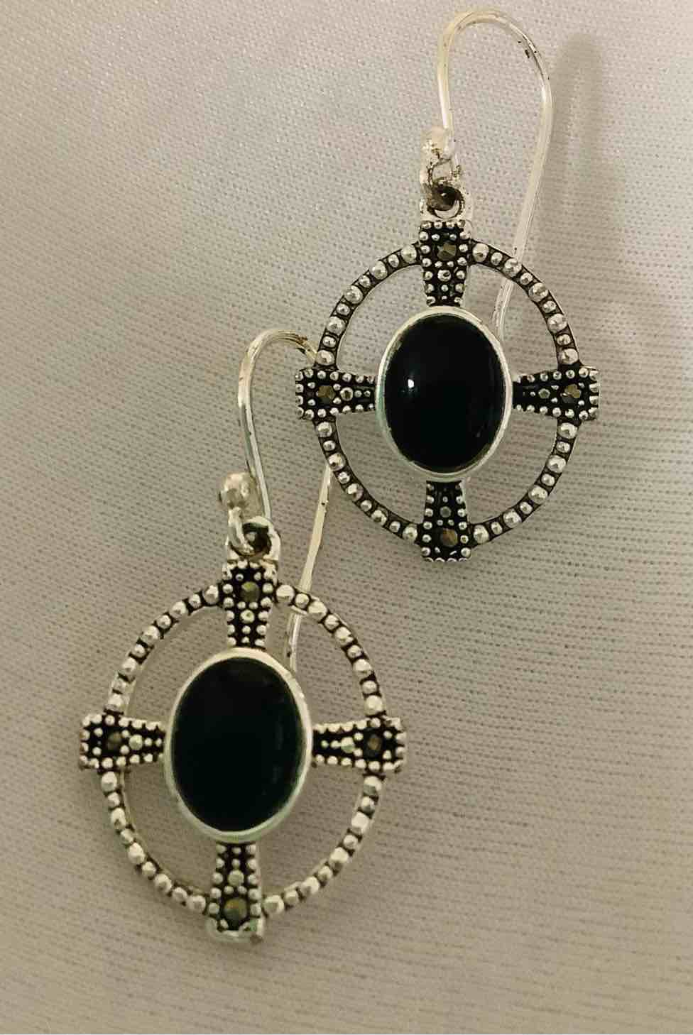 swarovski marcasite black onyx earrings fine silver plated 