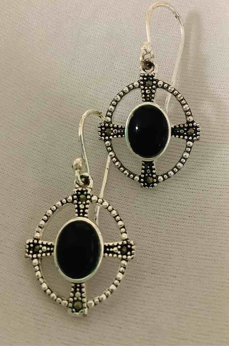 genuine marcasite black onyx earrings fine silver plated 