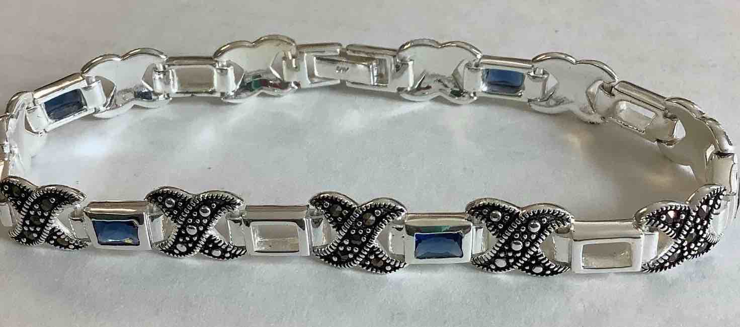 Genuine Marcasite “X” Bracelet Blue Rhinestone 