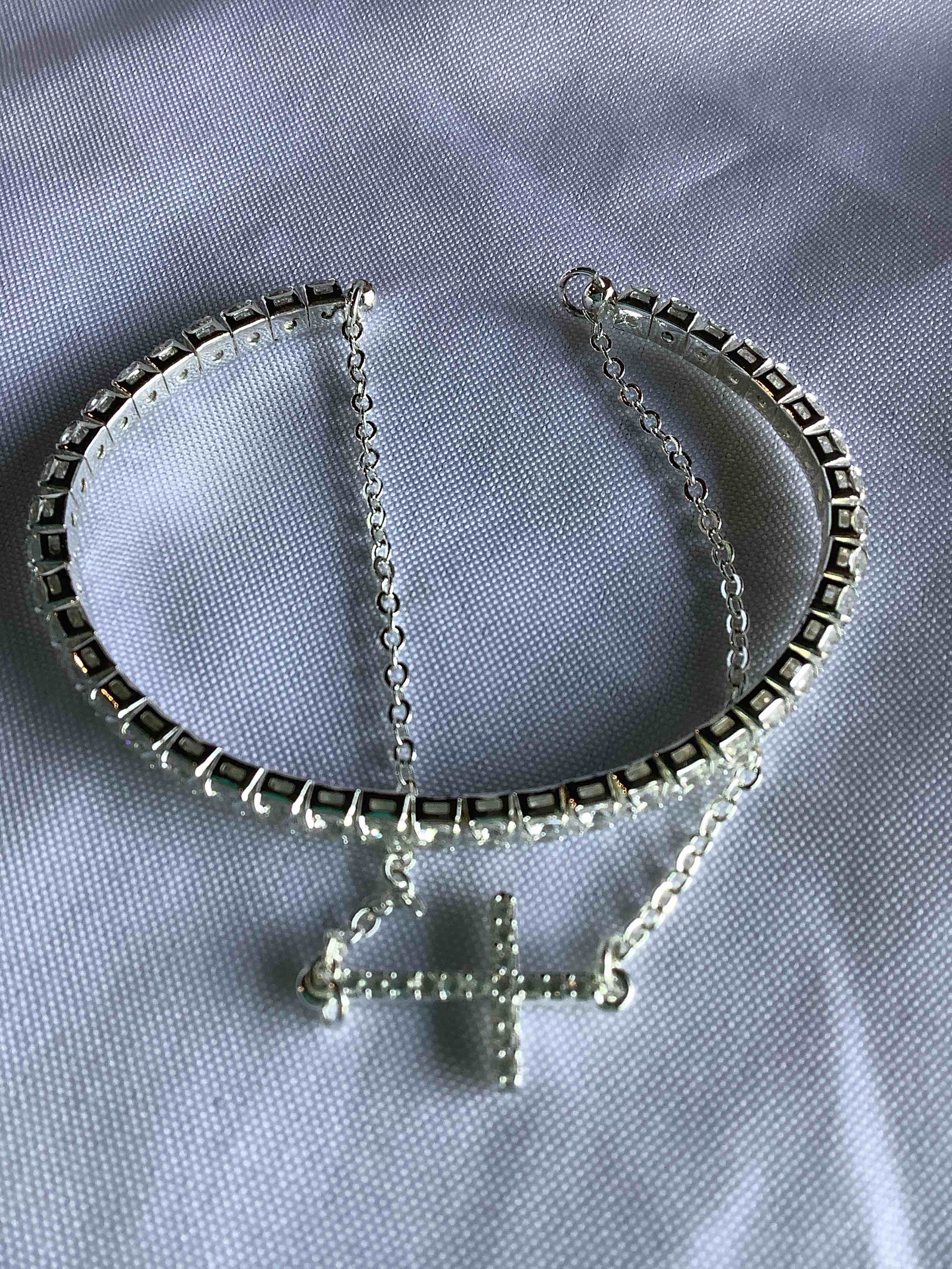 Silver Diamond Tennis Accent Cross Chain Cuff Bracelet