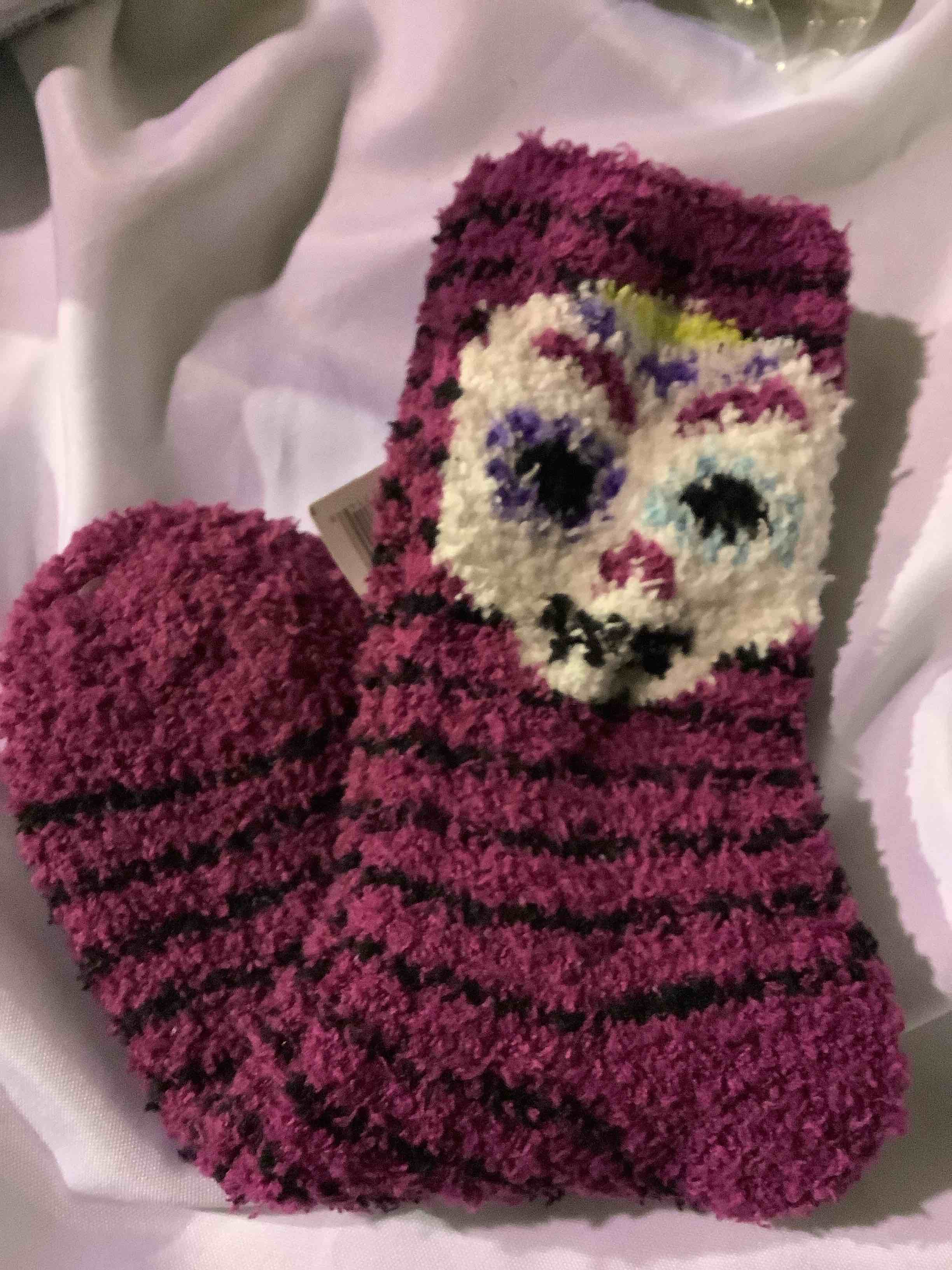 Halloween Fuzzy Women’s Socks Face Stripes Plum 