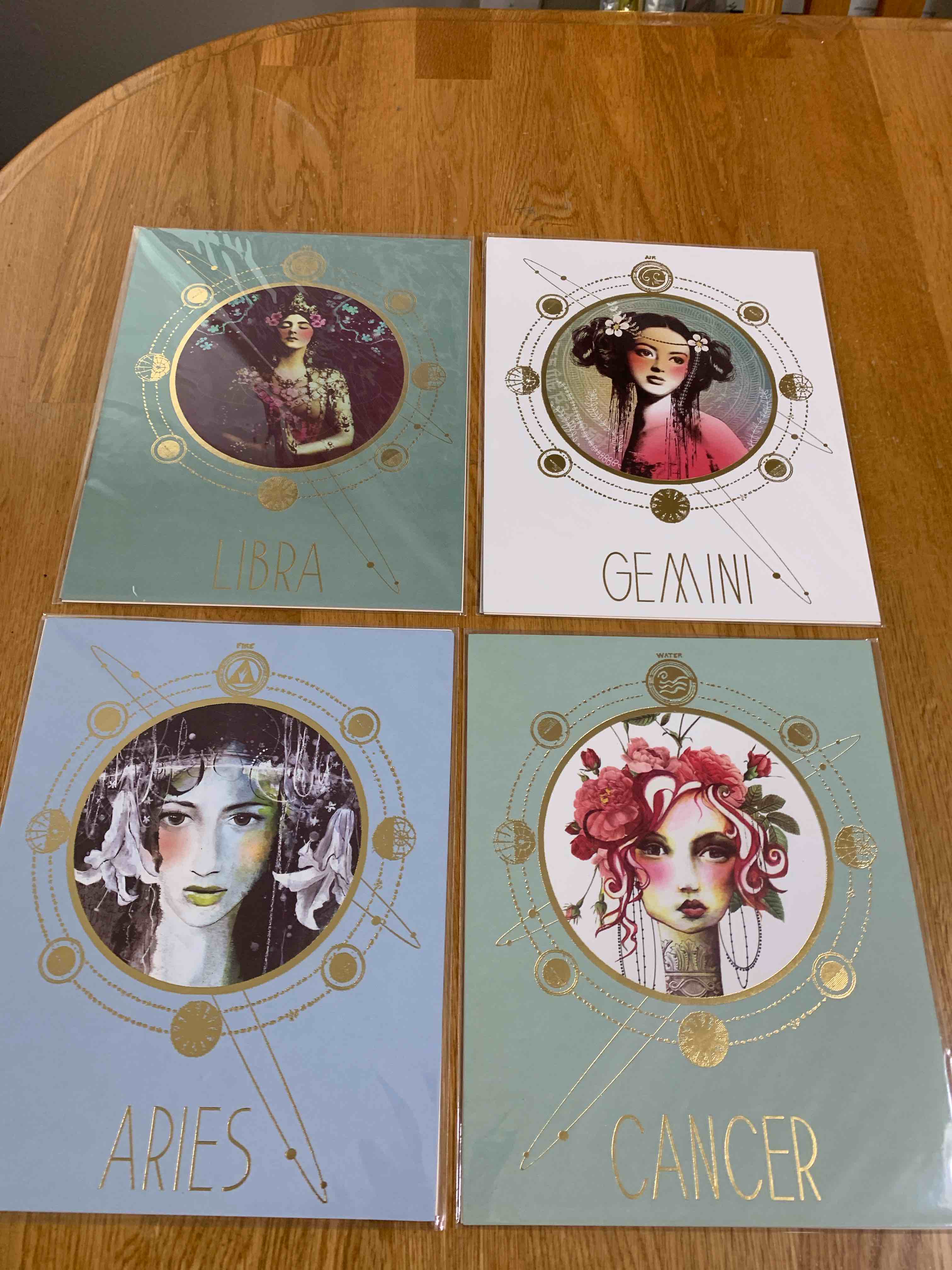 4- Zodiac Posters, Gemini, Cancer, Aries and Libra, 8” X 10”