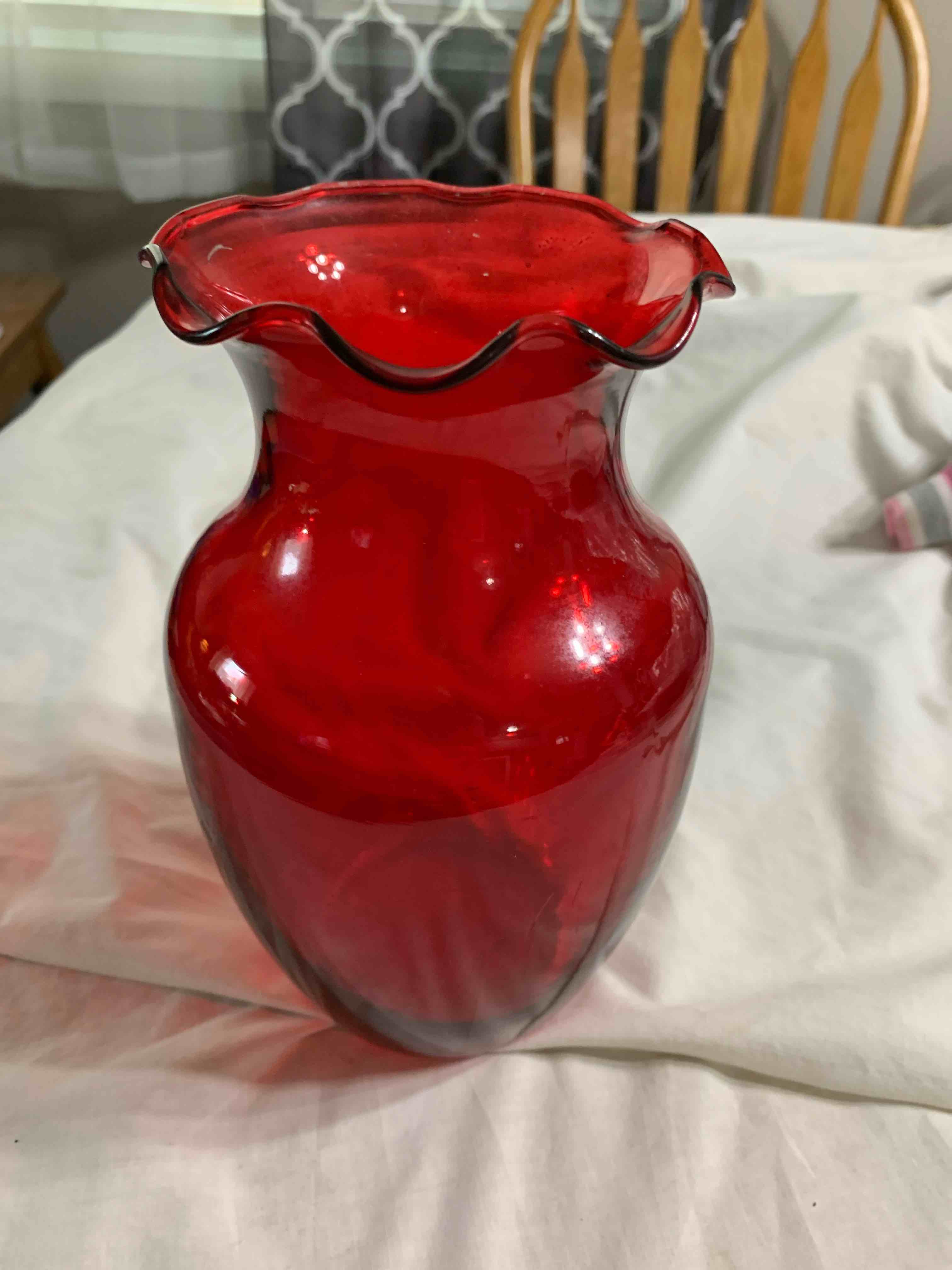 Red Glass Vase , 8”