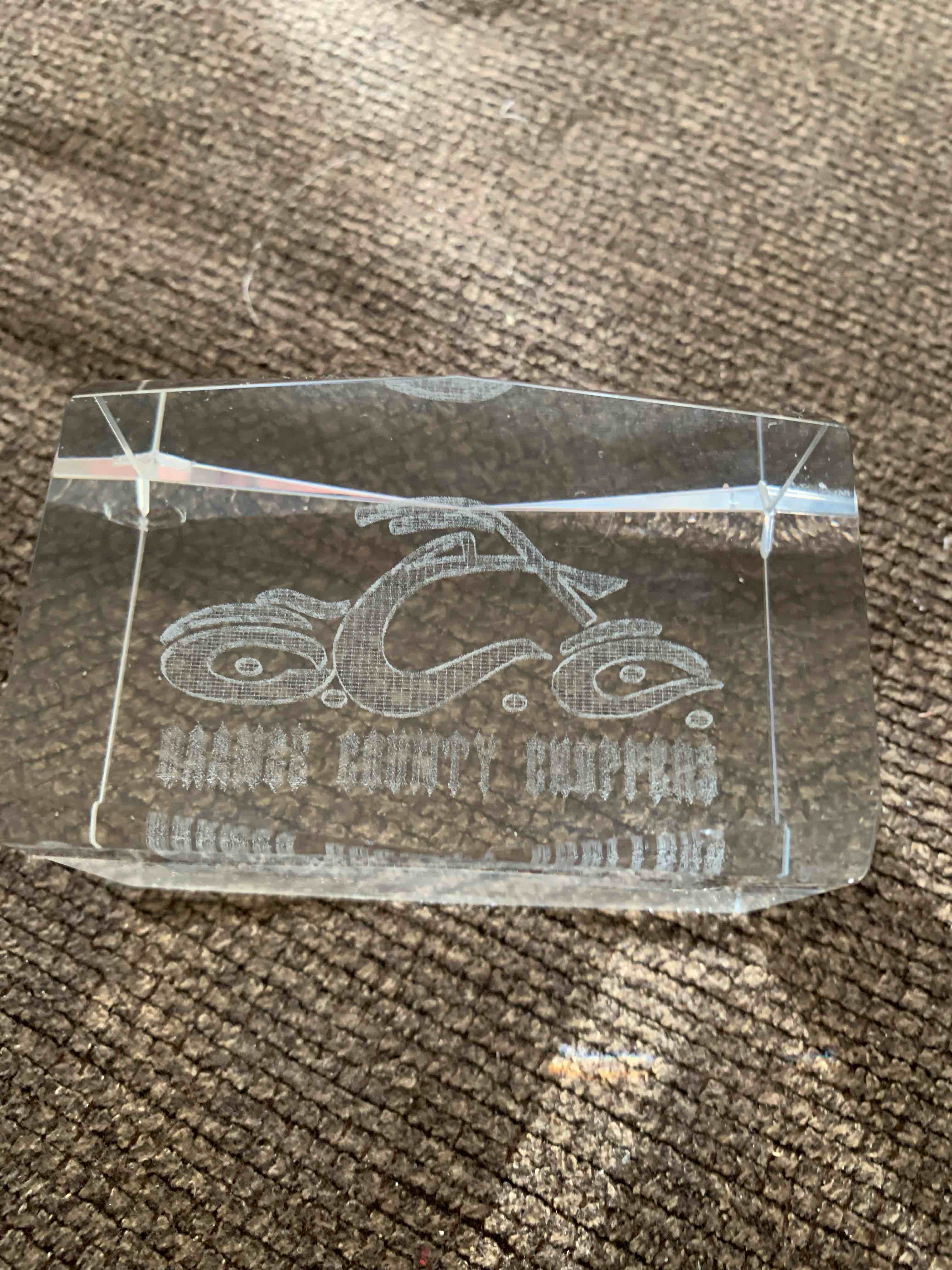 Condition photo showing Good Condition for Orange County Choppers, Etched Glass Paperweight 