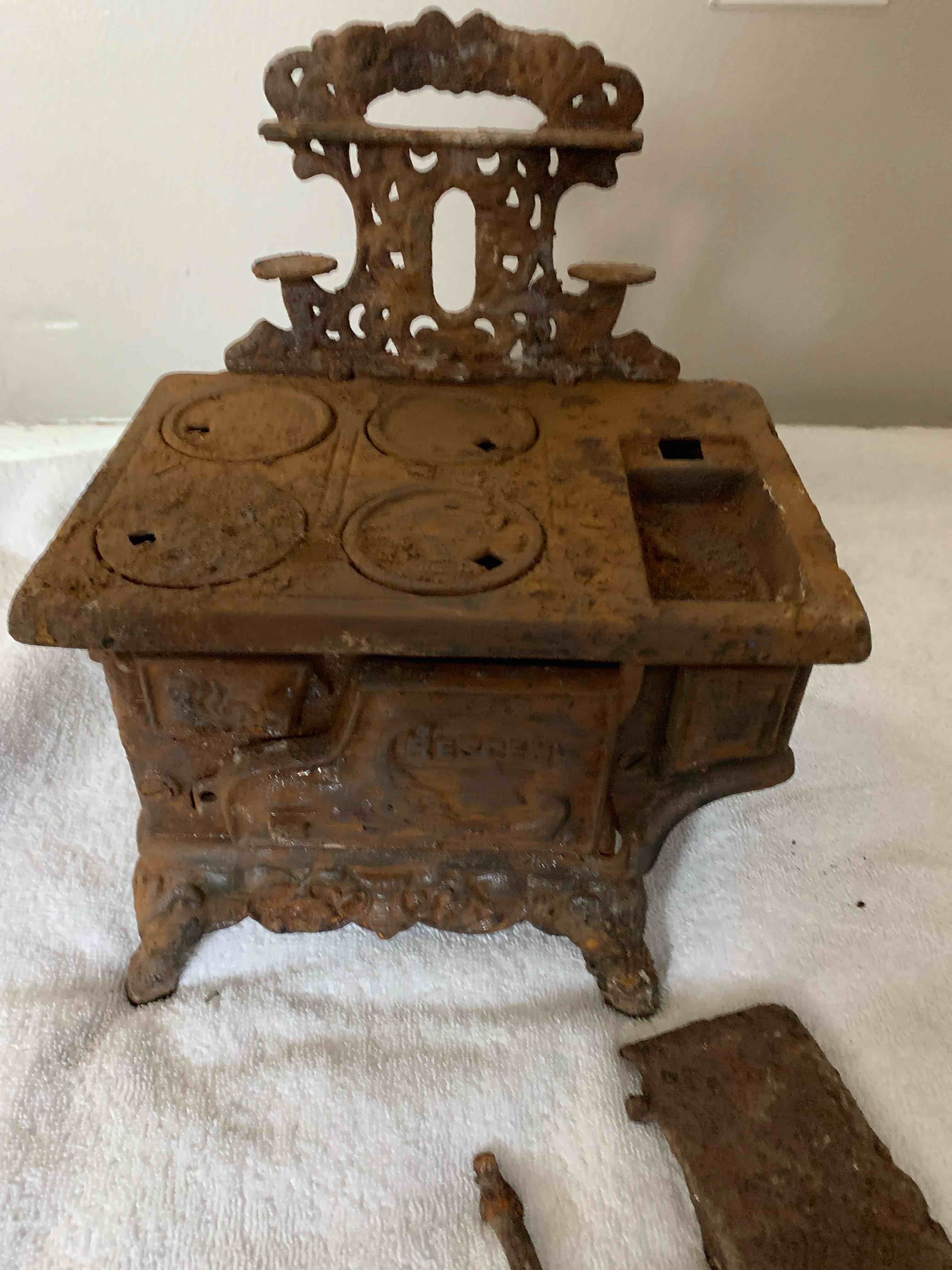 Condition photo showing As Is for Antique Miniature Cast Iron Stove 