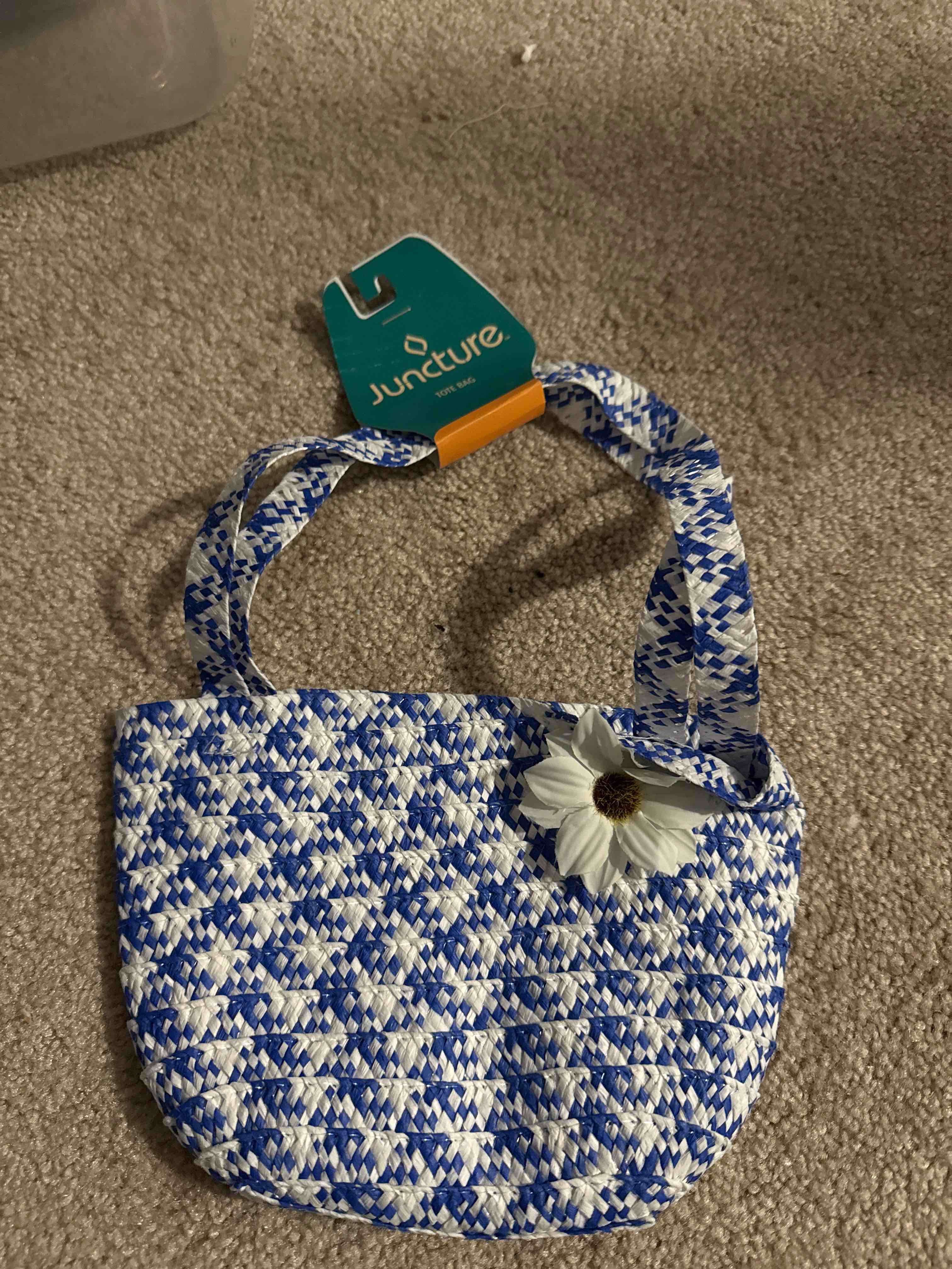 blue and white tote bag