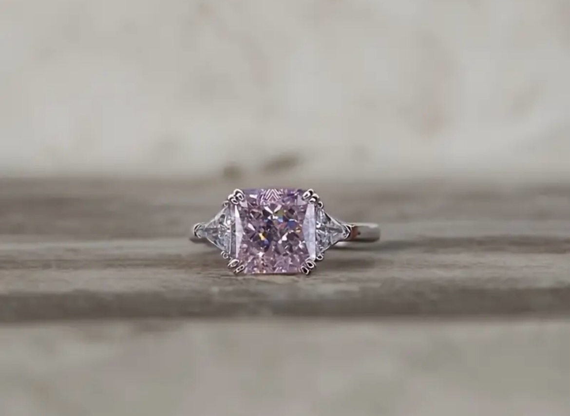 SILVER RING WITH SQUARECUT PINK STONE AND ZIRCONIA ACCENTS (size 9)