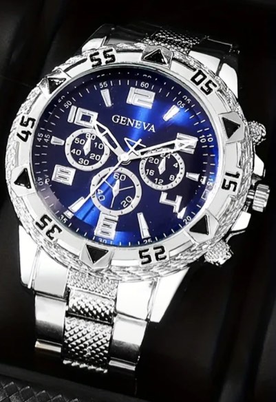 SILVER GENEVA WATCH WITH BLUE FACE 