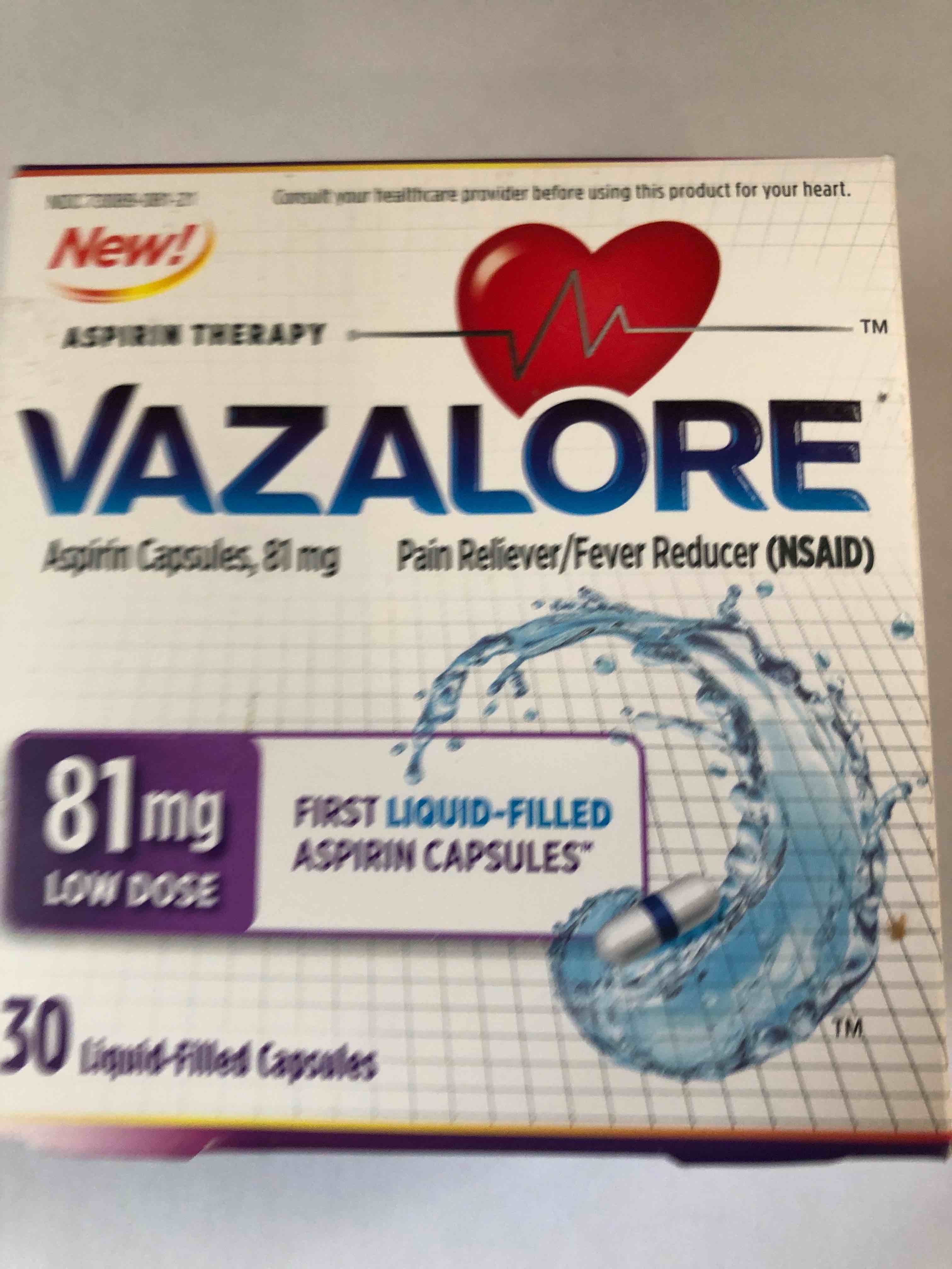 VAZALORE® Aspirin 81mg for Adults | Low Dose Aspirin Heart Therapy | Liquid-Filled Capsules to Help Protect Stomach | Pain Relief | 30 Count