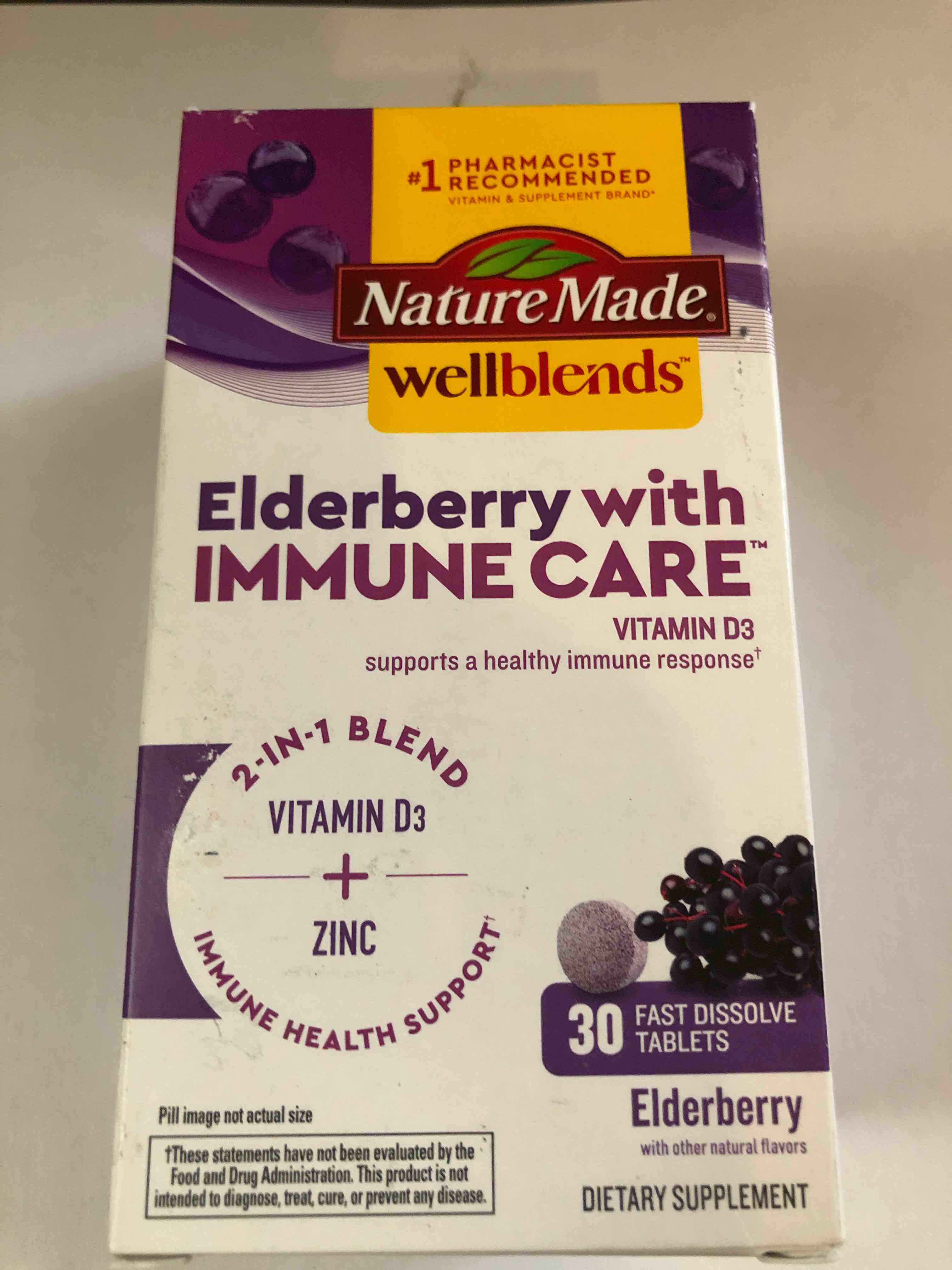Nature Made Wellblends Elderberry with ImmuneCare, Vitamin D3 and Zinc, with Elderberry Flavor, 30 Fast Dissolve Tablets