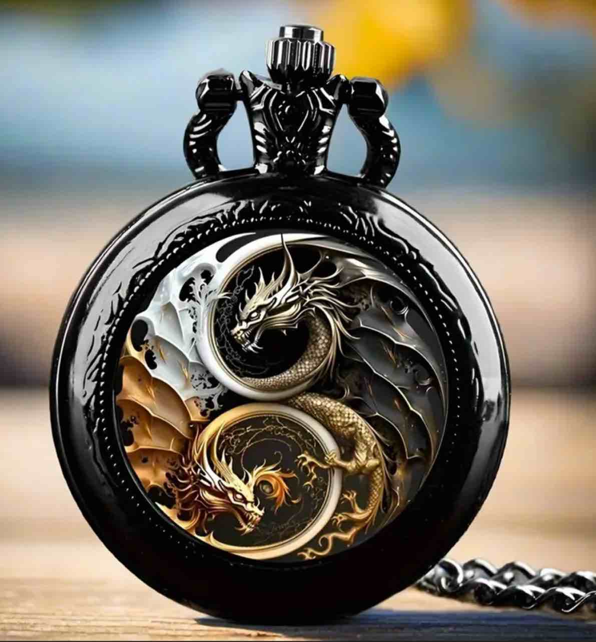 Dragon Pocket Watch - Stylish Black with Golden-Tone Accents, Intricate Mechanical Design, Quartz Movement, Non-Waterproof Alloy Necklace Pendant for Couples, Couples Jewelry | Street Style Watch Pendant, Dragon 