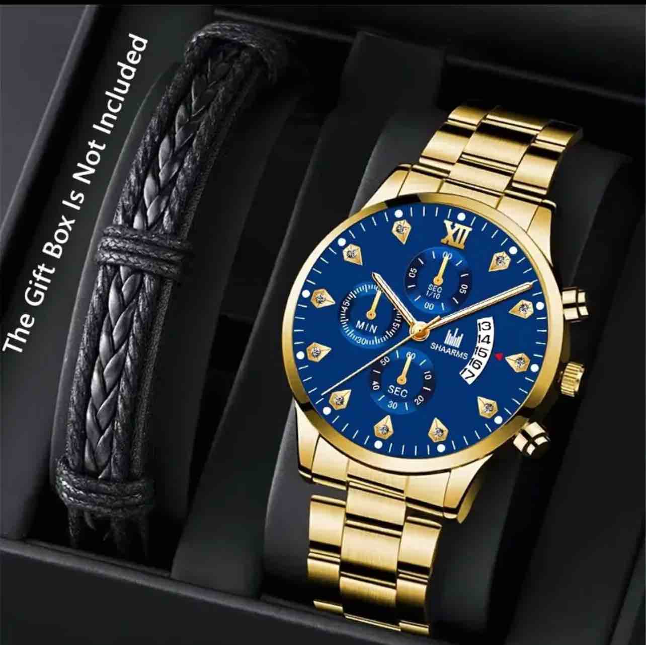 Men’s 18k Hold Plated Watch with Black Leather Bracelet