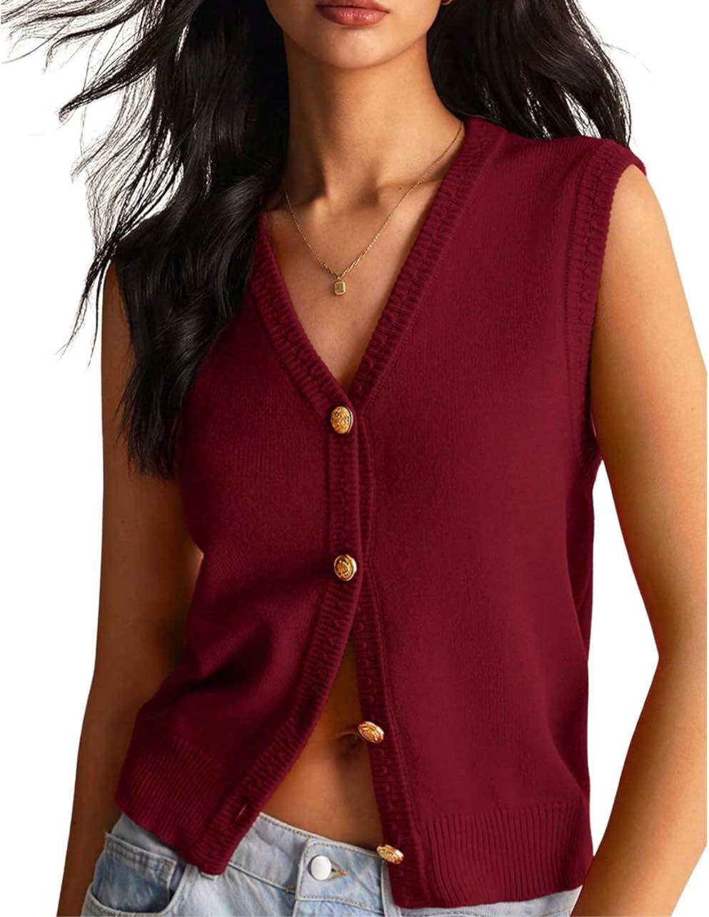 Women's V Neck Sweater Vest Button Down Sleeveless Vest Cardigan Casual Knit Vest