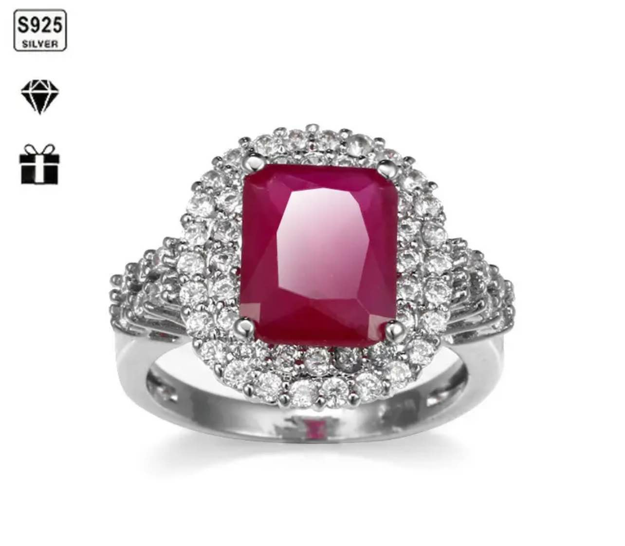 Beautiful 925 Silver Plated Red Sapphire Ring Sz 10